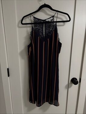 Lace-Trim Striped Slip Dress - Navy with Rust Stripes